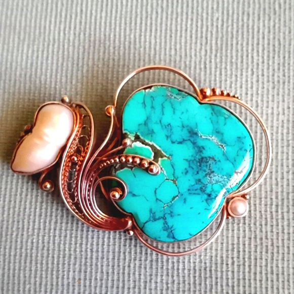 Native American Jewelry - STUNNING TURQUOISE, PEARL STERLING SILVER PIN